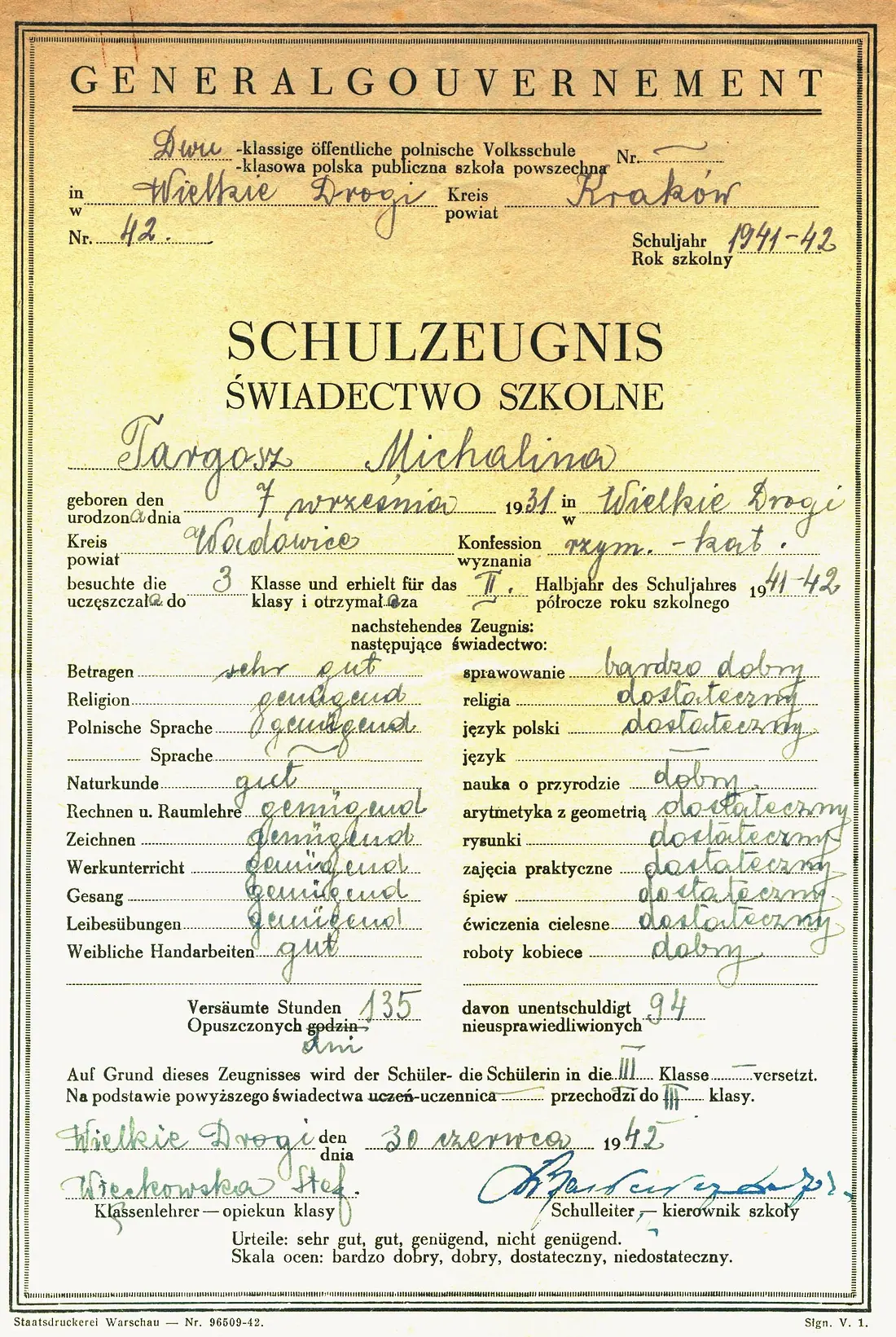 Żółty formularz świadectwa szkolnego z nadrukiem GENERALGOUVERNEMENT, wypełniony po niemiecku i po polsku.