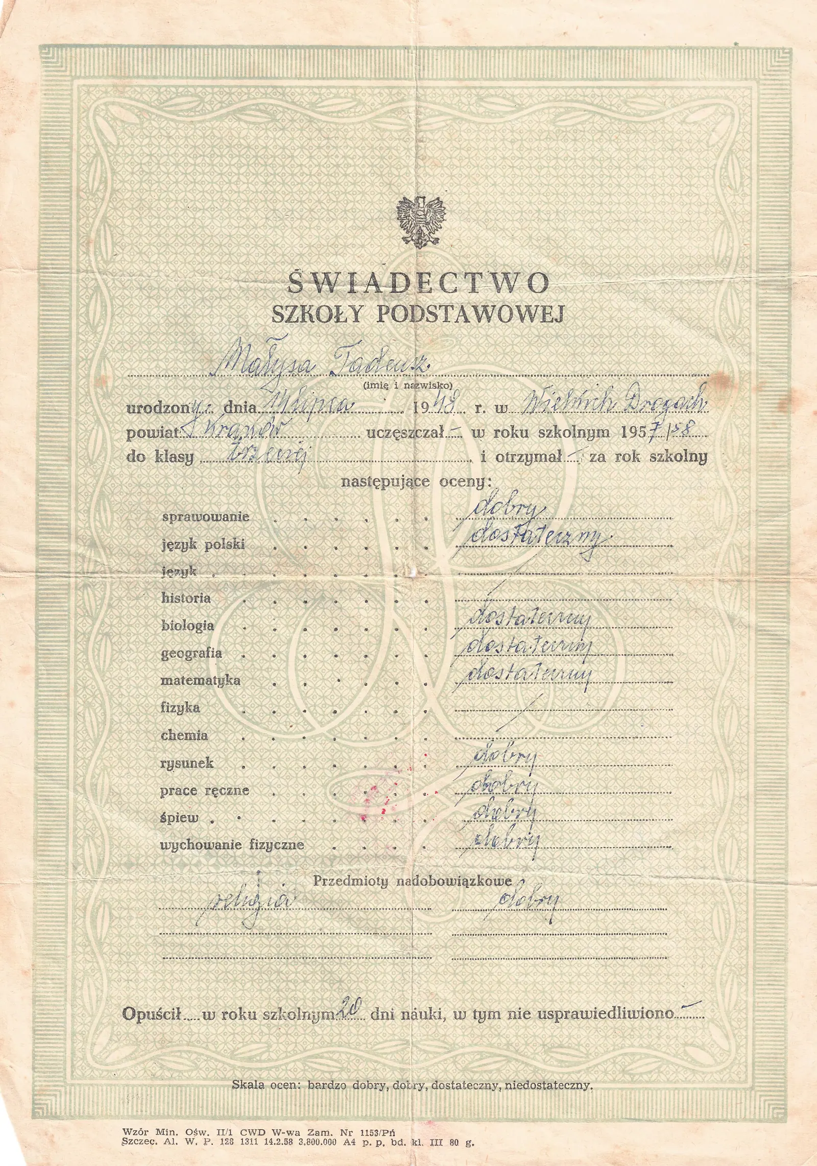 Świadectwo szkoły podstawowej z 1958 roku na zielonkawym formularzu z godłem, wypełnione atramentem, z listą ocen z poszczególnych przedmiotów.