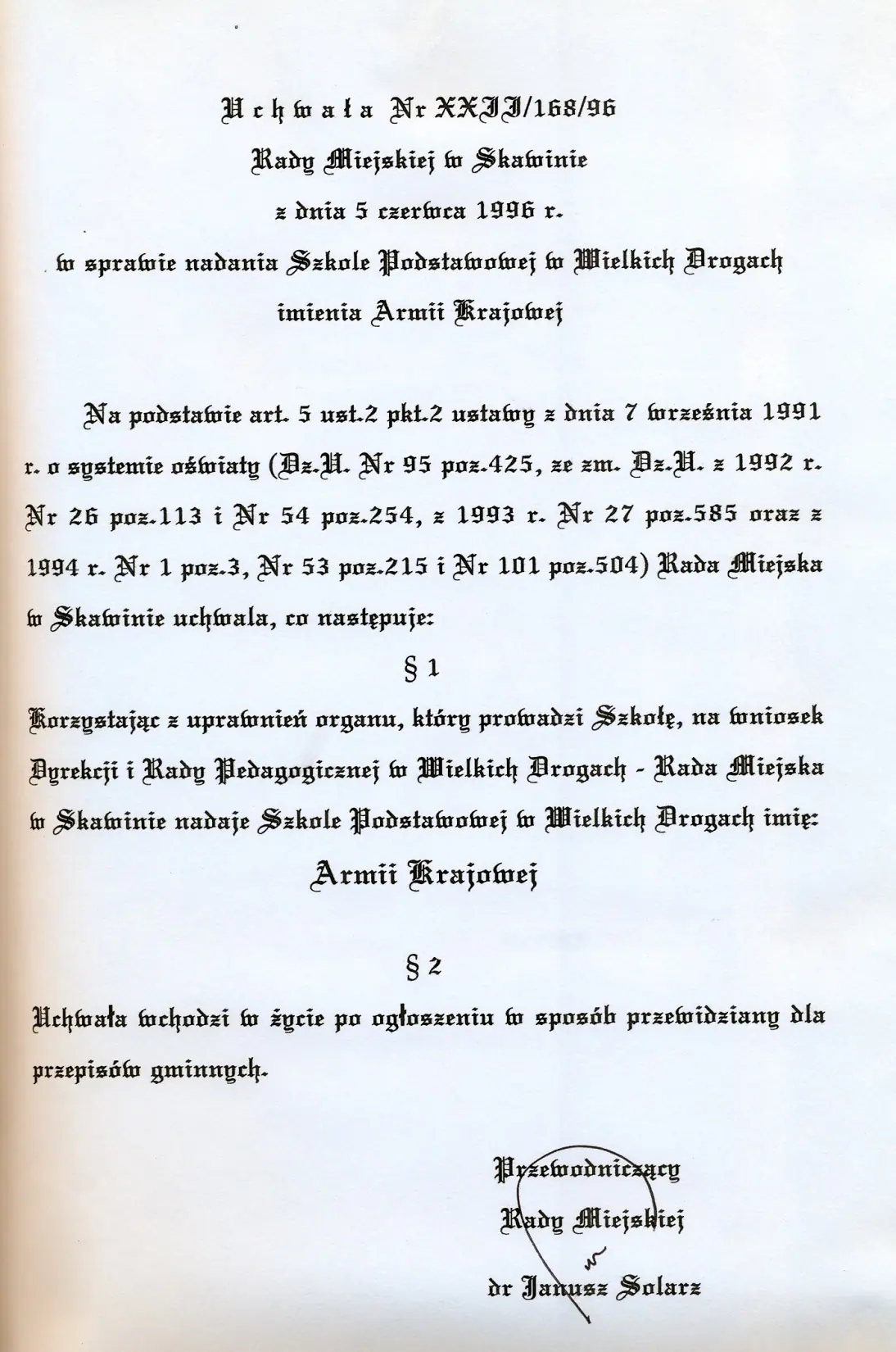 Maszynopis uchwały Rady Miejskiej w Skawinie z podpisem przewodniczącego.